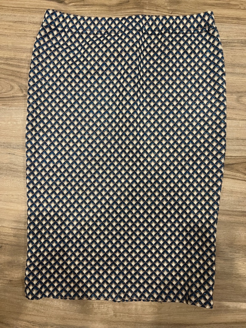 Tory Burch Navy and Cream Diamond-Print Pencil Skirt